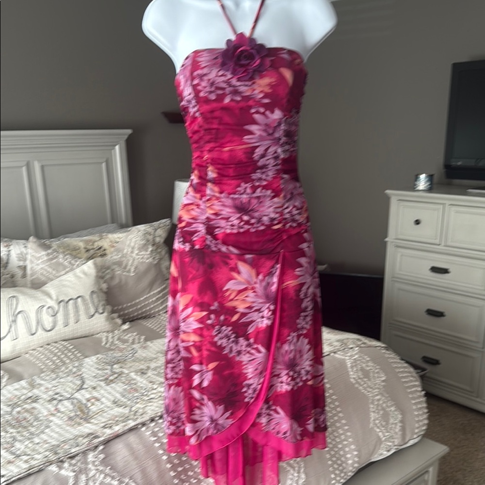 My Michelle Pink and Red Asymmetrical Halter Sundress